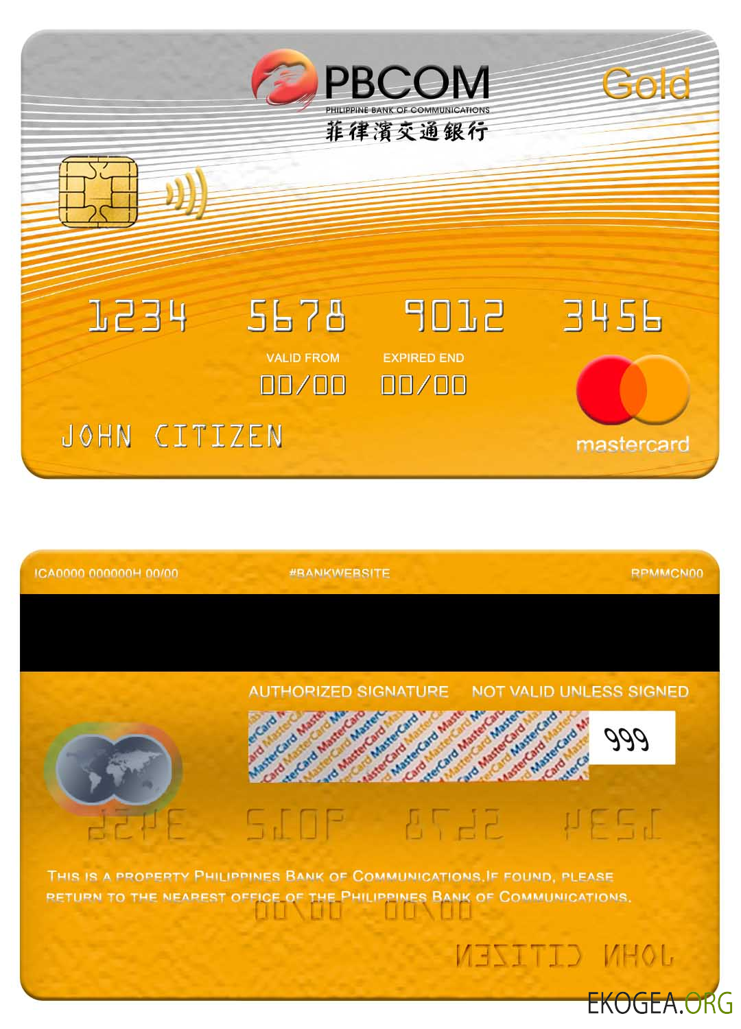Carte mastercard or de la Banque des communications des Philippines